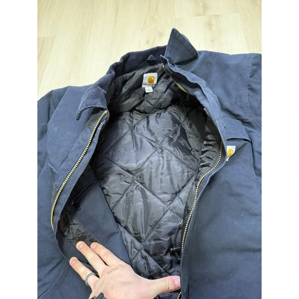 VTG Carhartt C003 Men's Navy Blue Canvas Work Coat w/Company Logo - Size Large - Picture 6 of 8